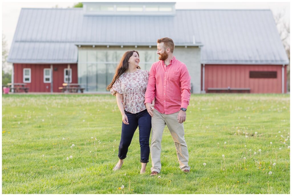 couple doing the drunk walk in front of a red barn at farm in Lindsey, Ohio