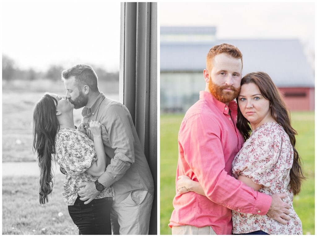 man dipping back his fiance for a kiss in front of a red bar