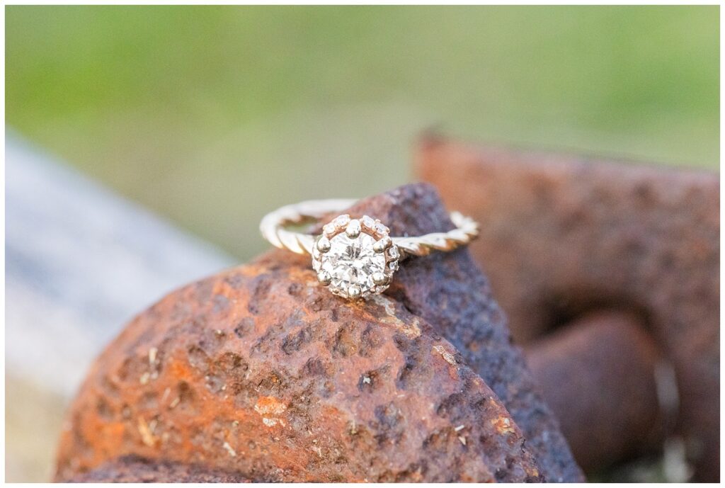 engagement ring sitting on a metal divot at Creek Bend Farm in Ohio