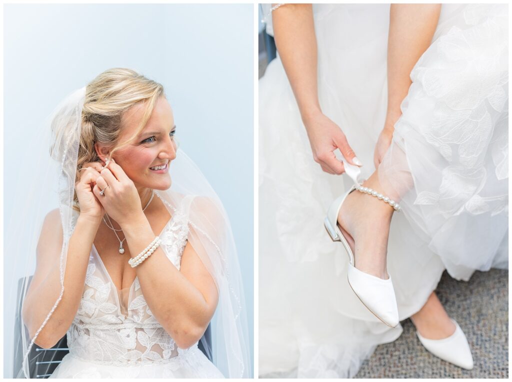 bride adjusting her earrings while getting ready for summer wedding in West Mansfield, Ohio