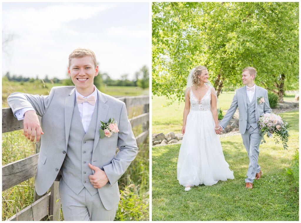 wedding couple holding hands while the groom carries her bouquet in West Mansfield, Ohio