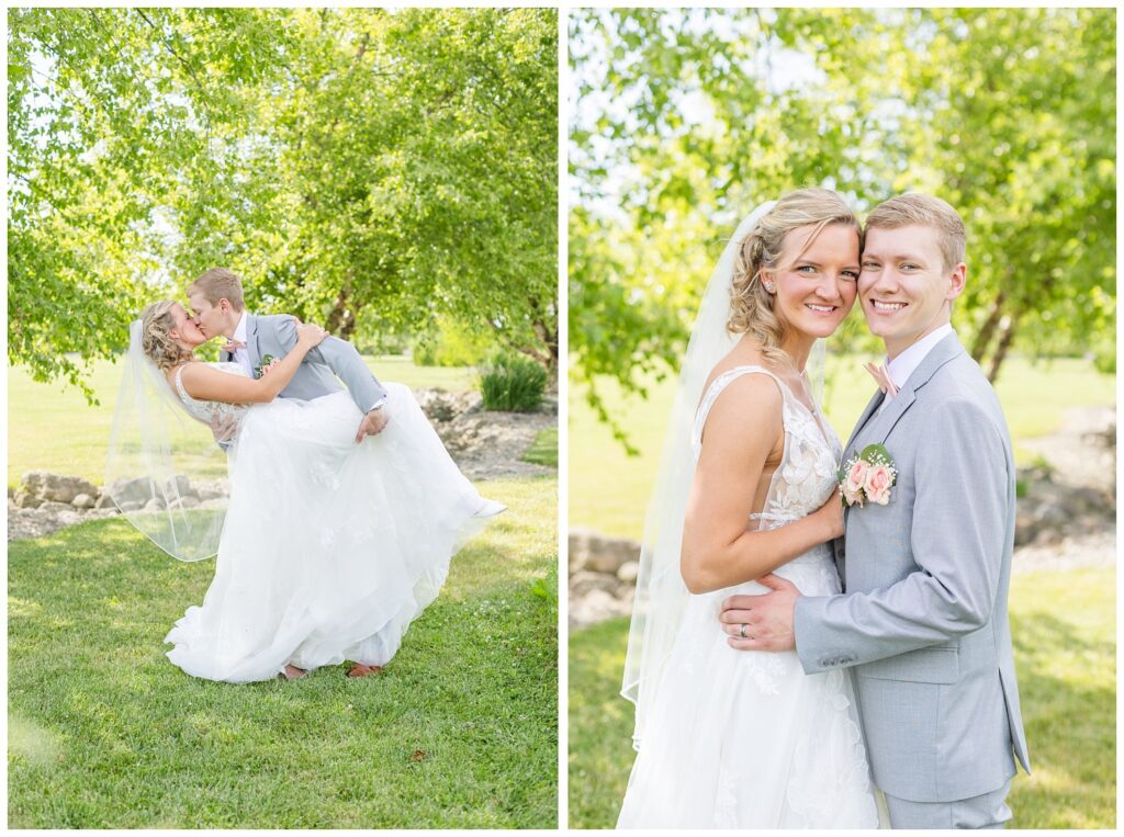 groom dipping back the bride for a kiss under some trees at Prairie Stone Farm