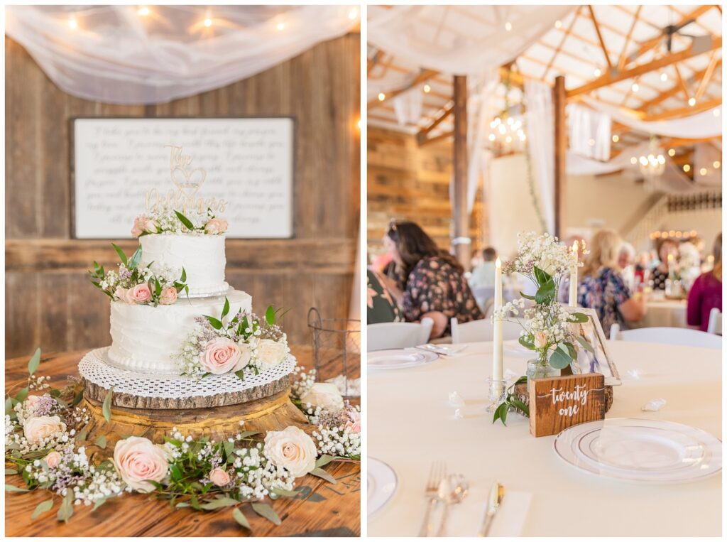 wedding cake and table centerpieces at summer wedding at Prairie Stone Farm 