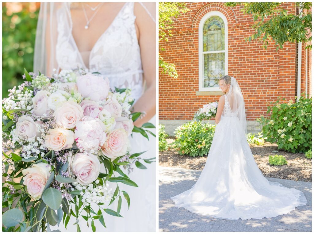 full length pose of back of bride's dress outside a brick church in Ohio