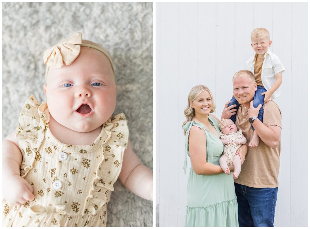 Fremont, Ohio family session in front of a white barn outside 