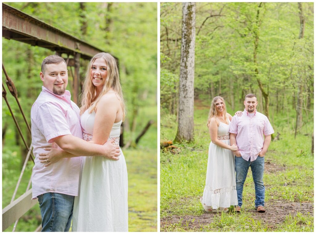 couple leaning against an old metal bridge in the wood in Ohio