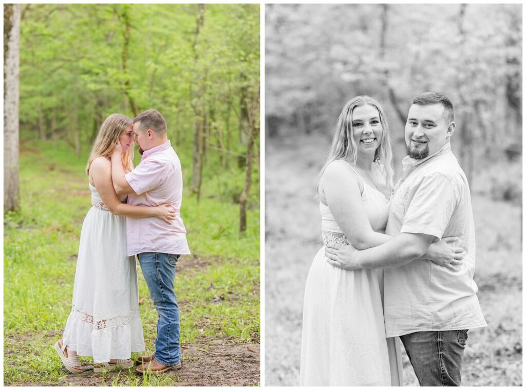 couple posing in the woods for engagement portraits in Sandusky, Ohio