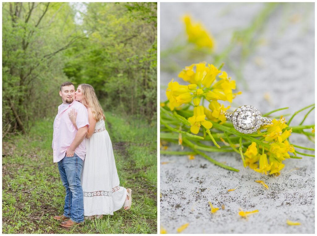 gold and diamond engagement ring sitting on top of yellow flowers 