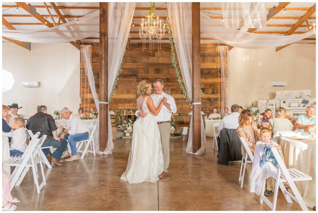 bride dancing with her dad at summer wedding reception at West Mansfield, Ohio venue