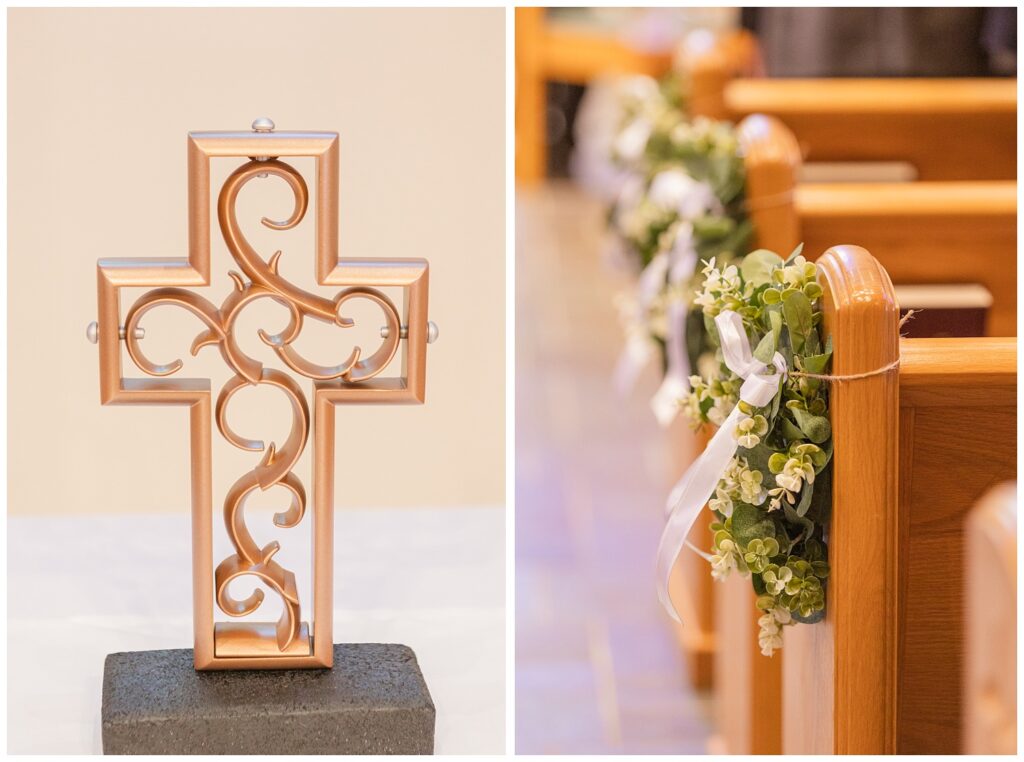 wedding ceremony details of the flowers on the church pews in Dublin, Ohio