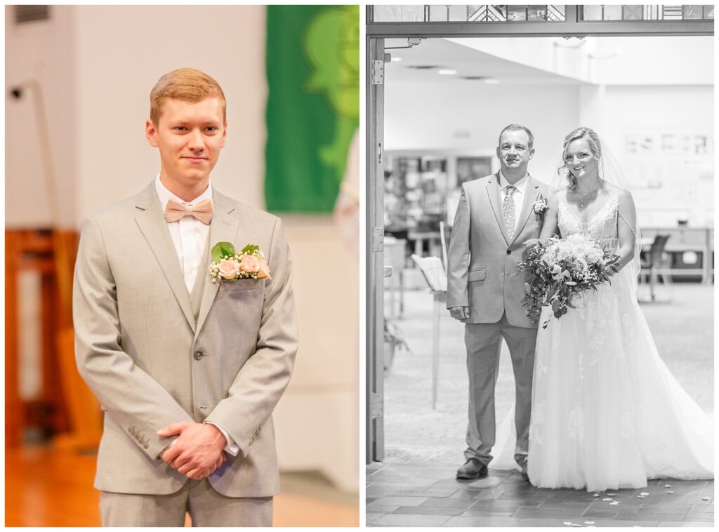 dad and bride walking down the aisle together as the groom looks at her 