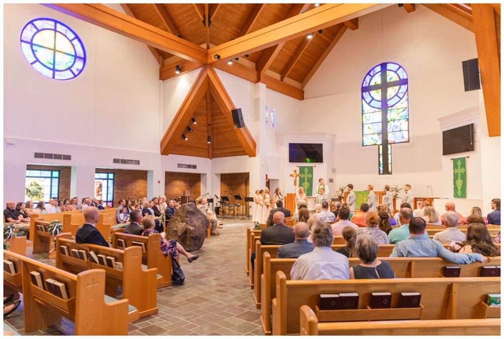 full church portrait of bride and groom getting married in Dublin, Ohio