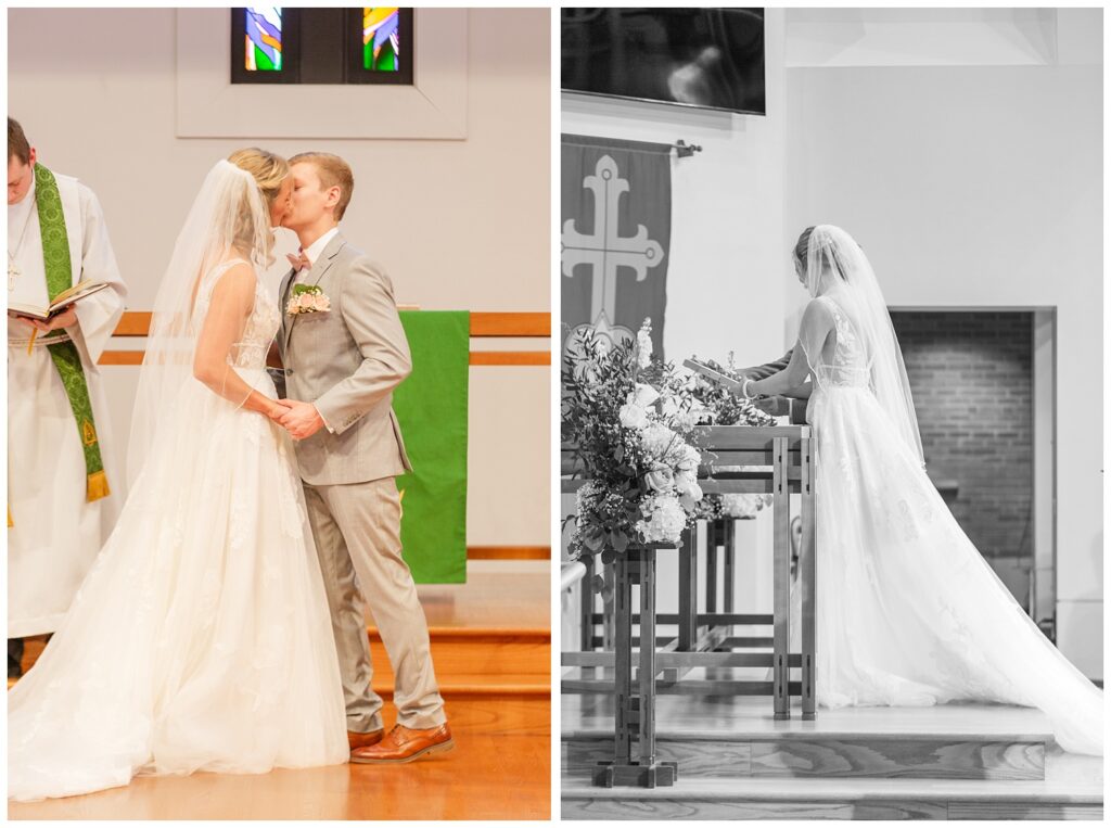 bride and groom exchange kiss at end of the wedding ceremony 