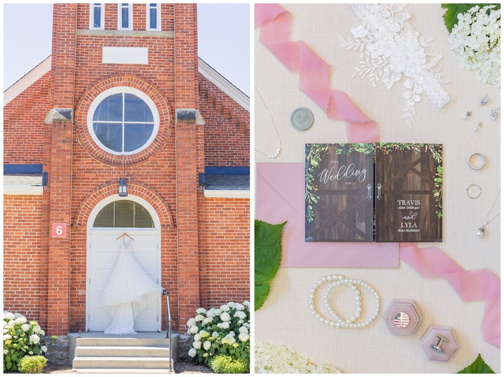 bride's wedding dress hanging on the front door of the church