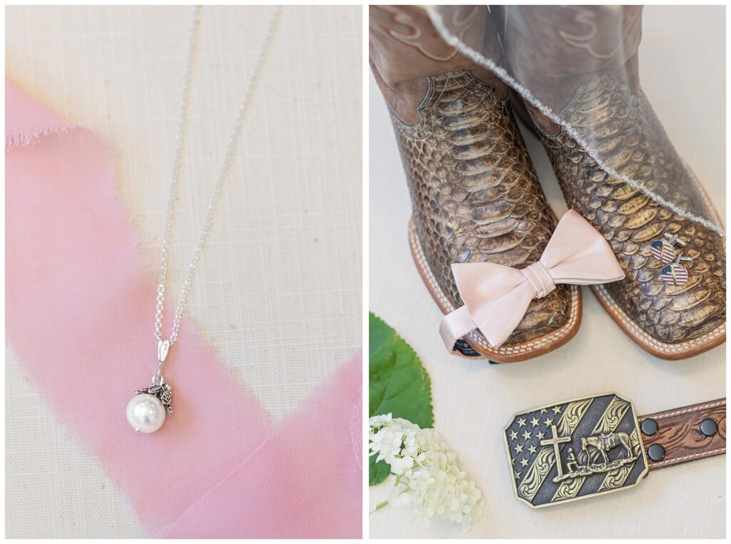 groom's pink bow tie, cowboy boots, and belt on a beige mat