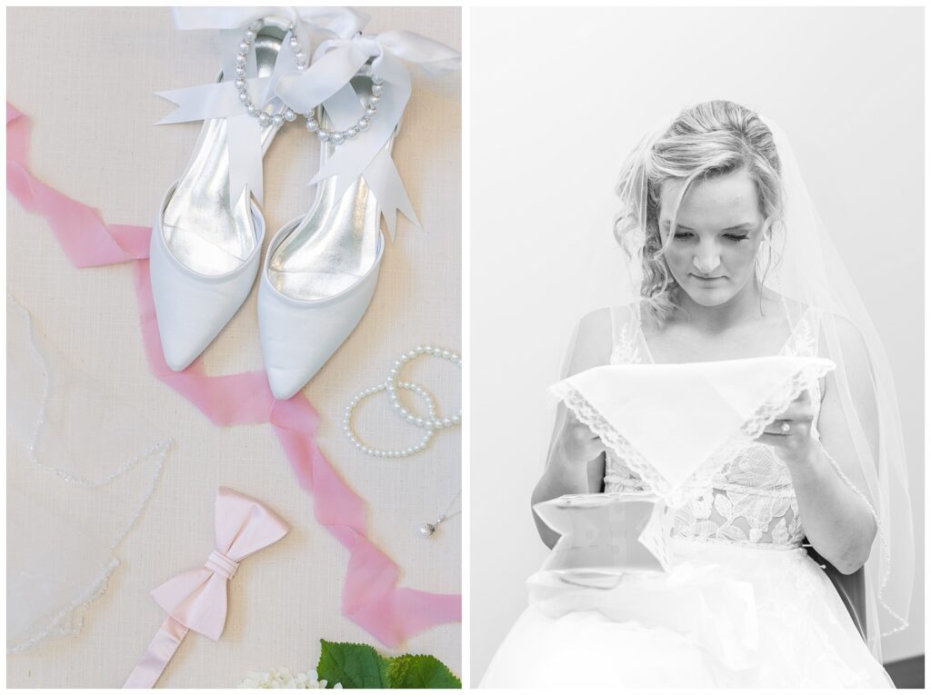 bride reading a message written on a handkerchief while getting ready 