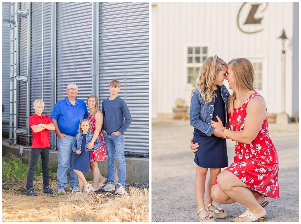 family wearing blues and reds posing in front of a metal silo in Tiffin, Ohio