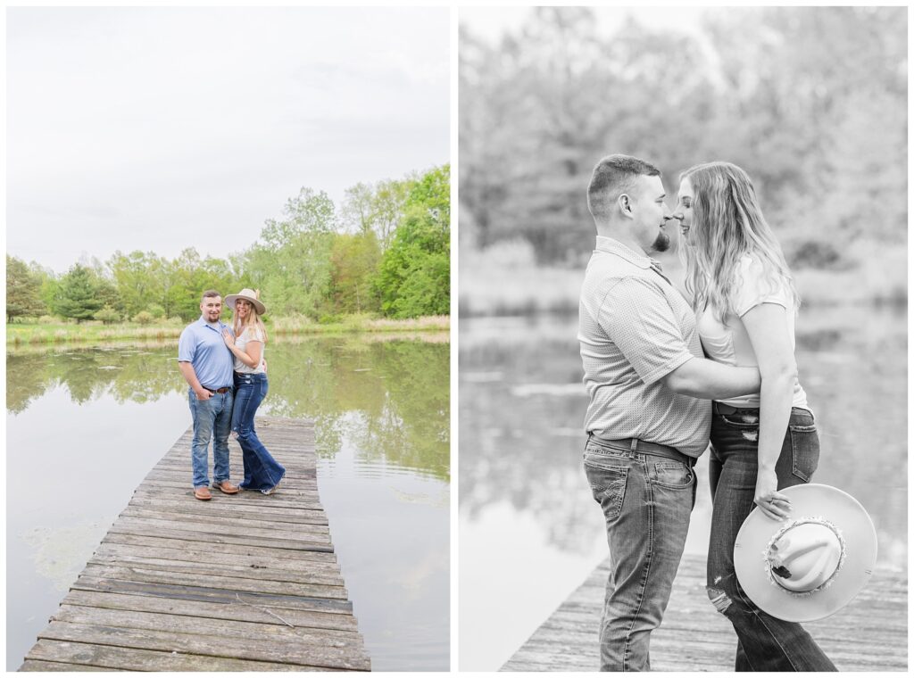 couple touching noses while standing on a dock for Ohio engagement session