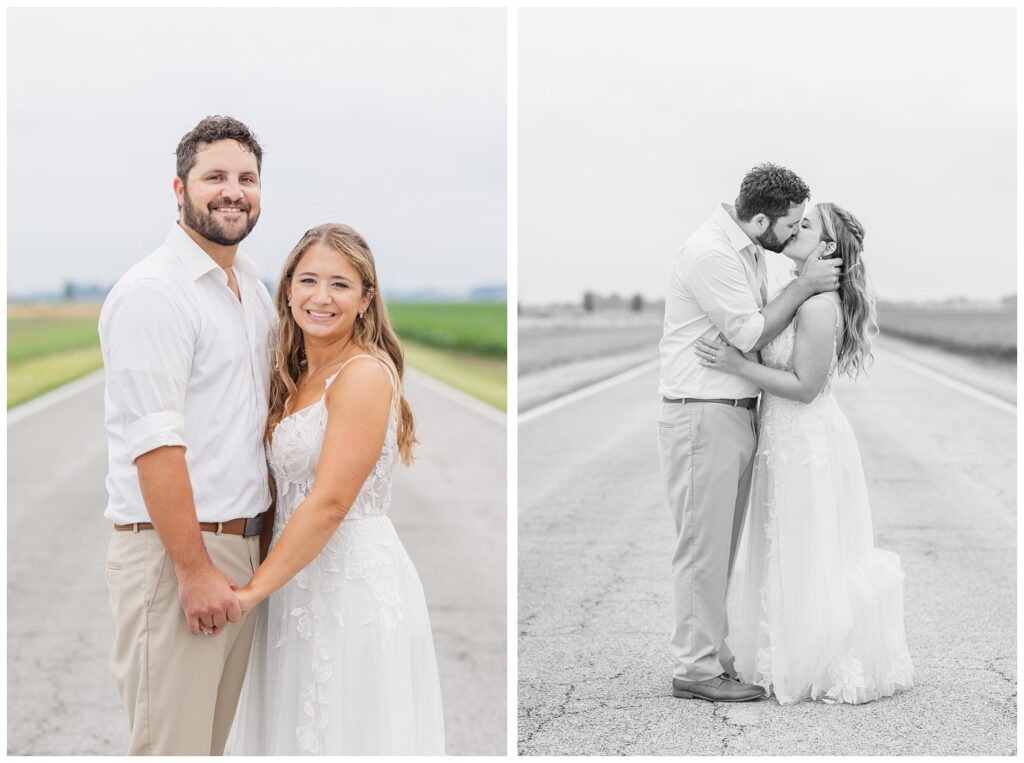 wedding couple share kiss while standing in the middle of the road in Risingsun, Ohio