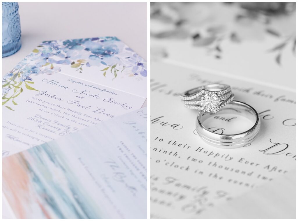 bride and groom's wedding rings sitting on top of an invitation in Risingsun, Ohio