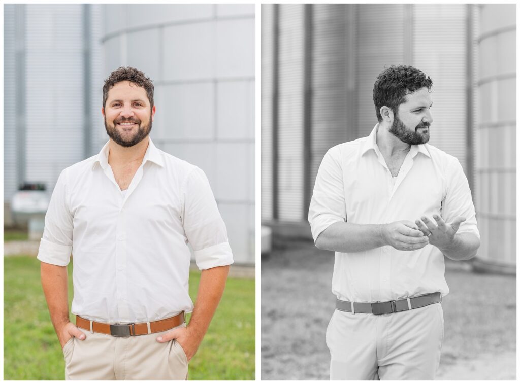 groom posing with his hands in his pockets, standing in front of a silo