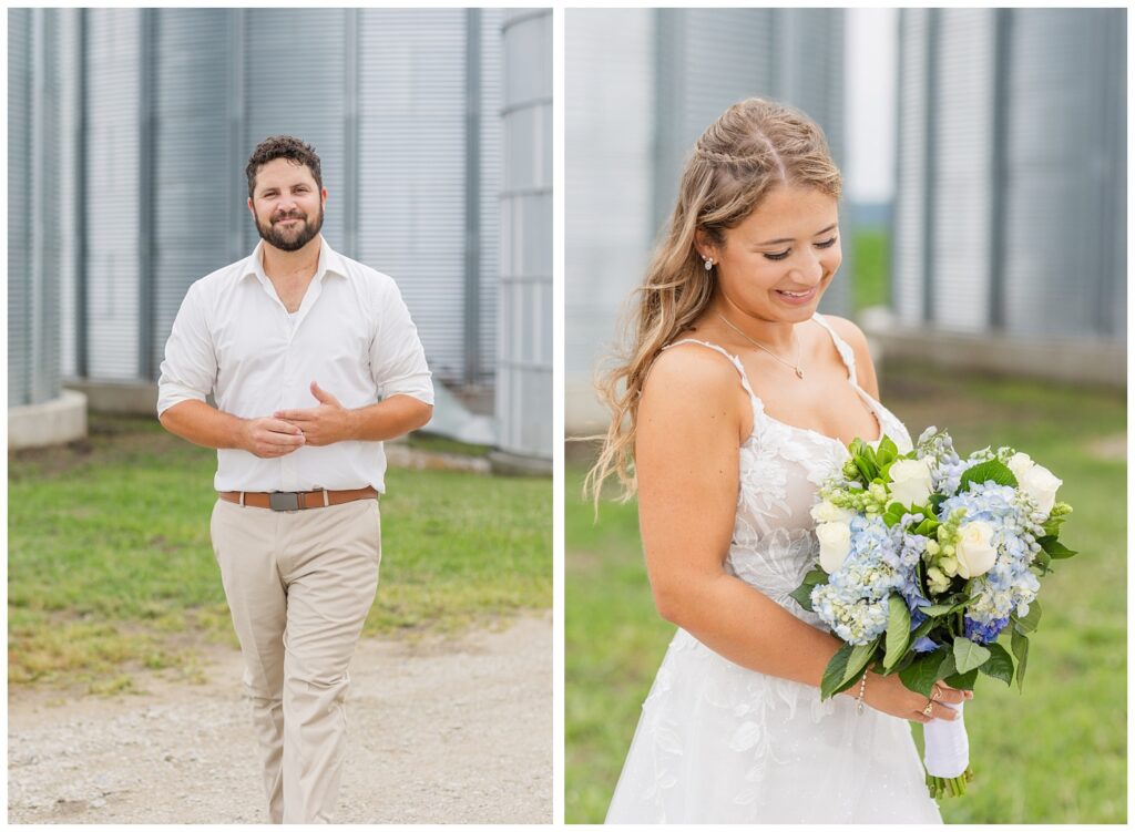 bride holding her white rose and hydrangea wedding bouquet in front of a silo