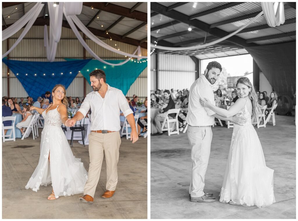 groom and bride share first dance at country wedding reception in Risingsun, Ohio