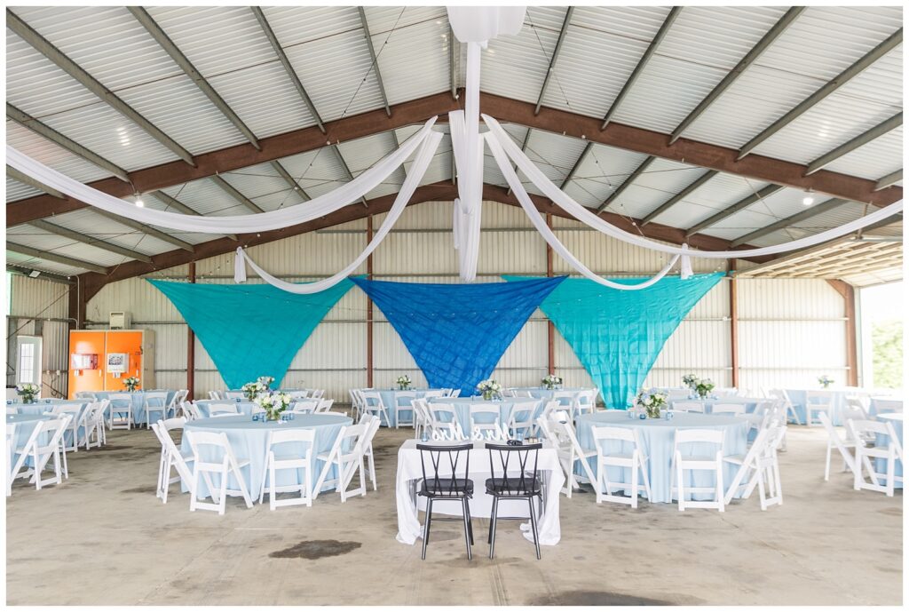 reception room set up in a metal barn in Risingsun, Ohio wedding