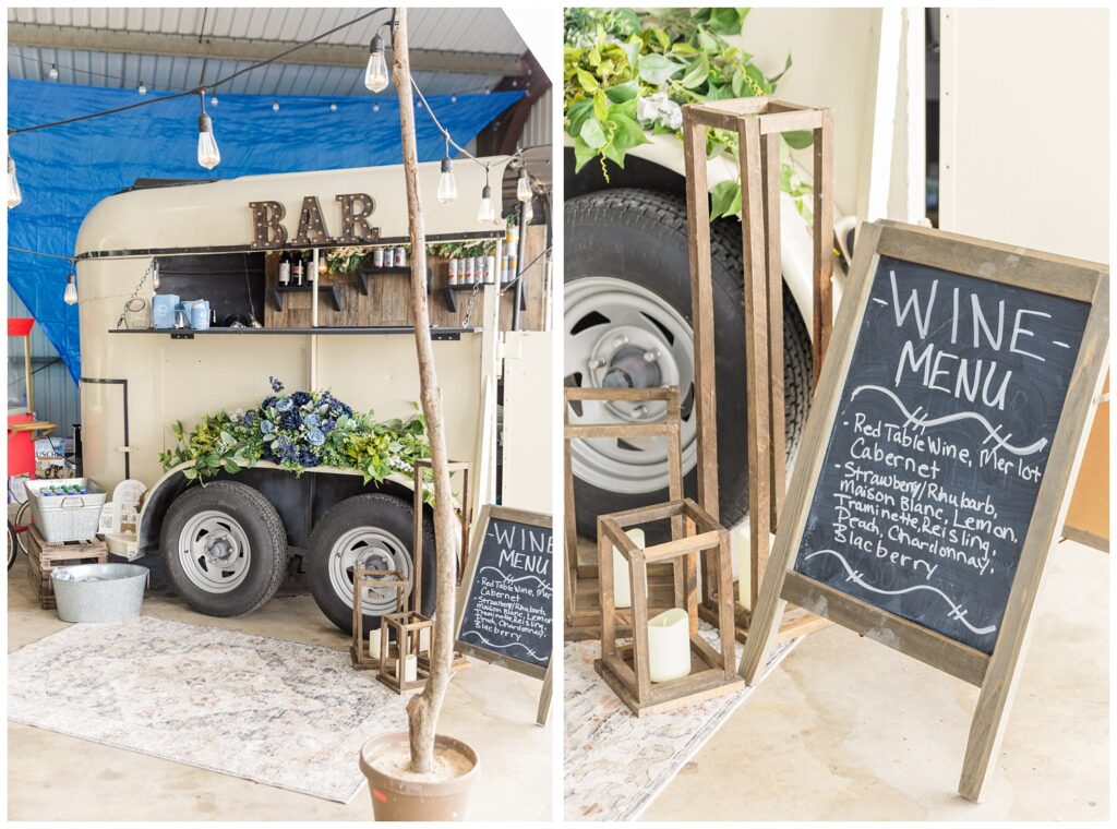 chalkboard wine menu and mobile bar set up in a metal barn at Risingsun, Ohio reception