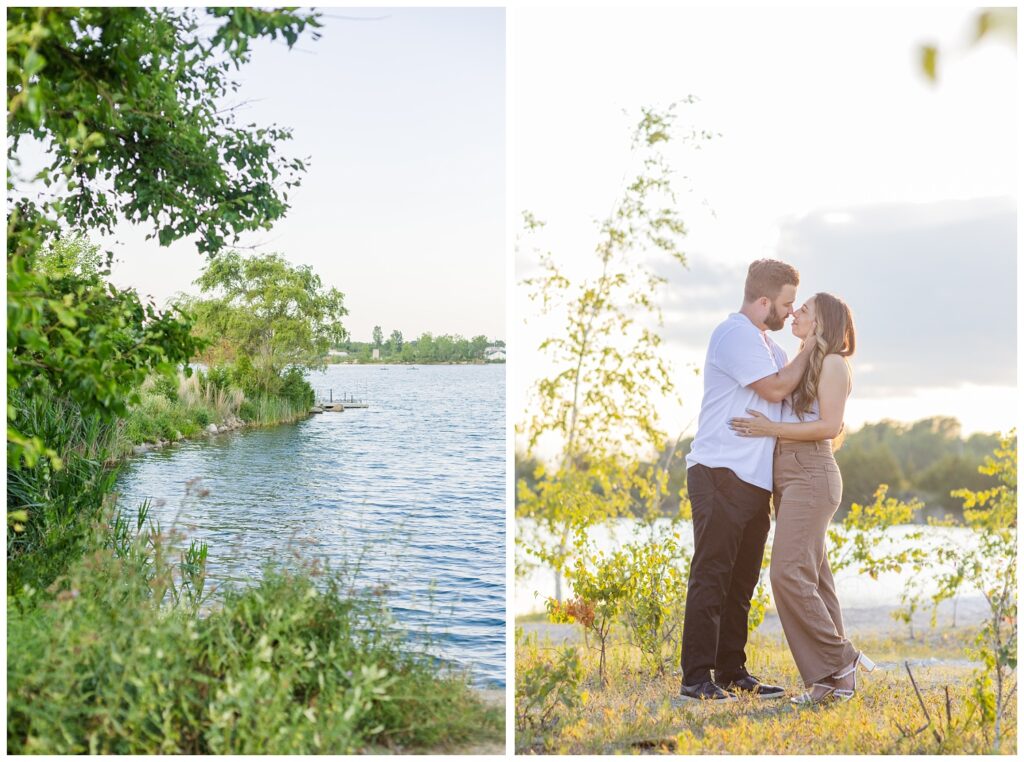 couple posing among yellow flowers and grass in Gibsonburg, Ohio