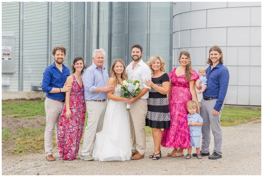 family formals in front of a silo in Risingsun, Ohio wedding