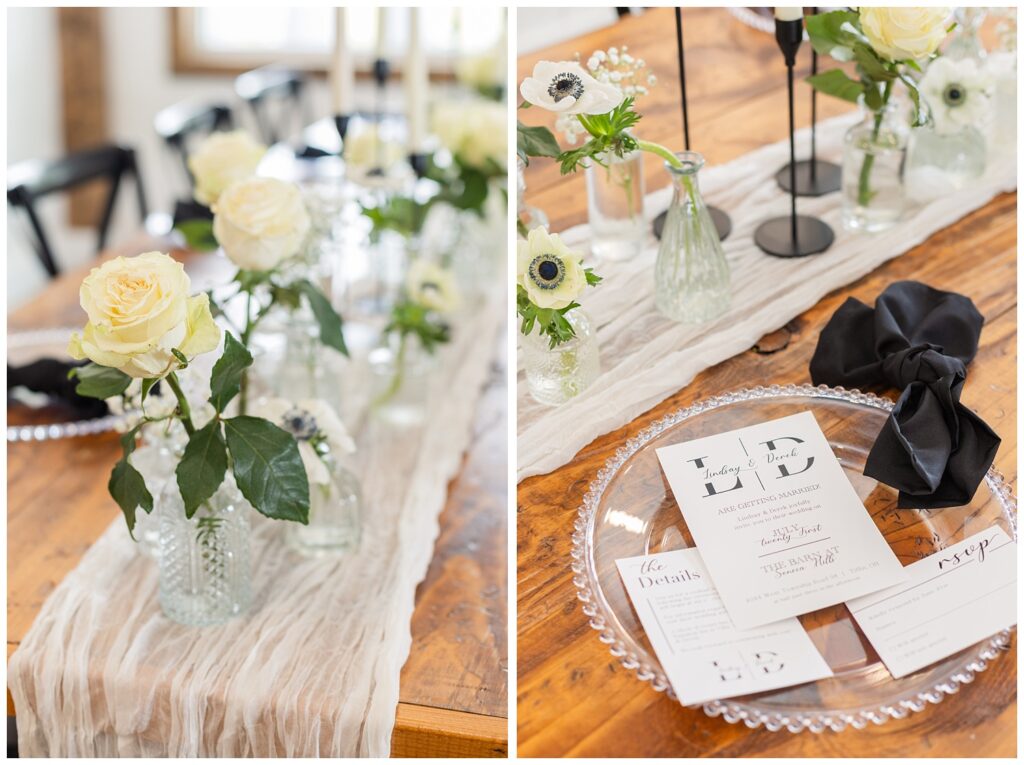 plastic dinner plate holding a wedding invitation and black napkin