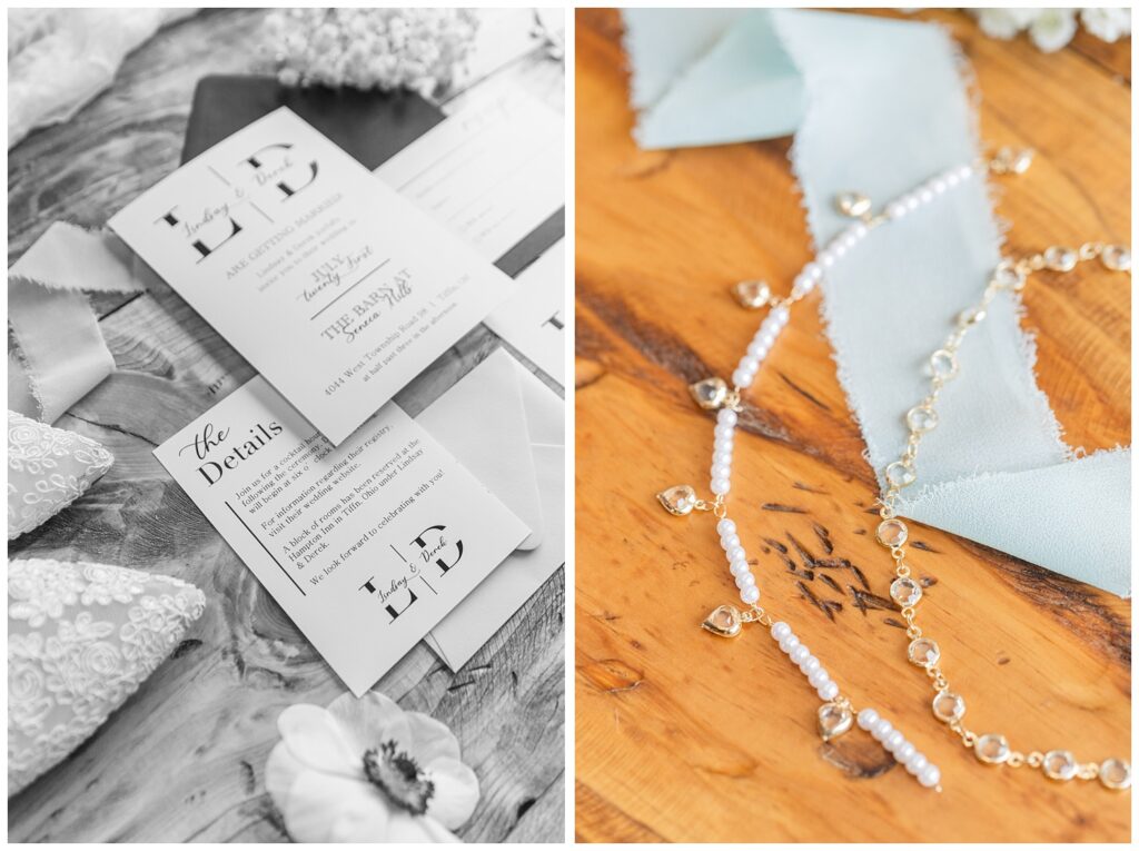 bride's bracelet and necklace sitting on top of a green ribbon on a wooden table