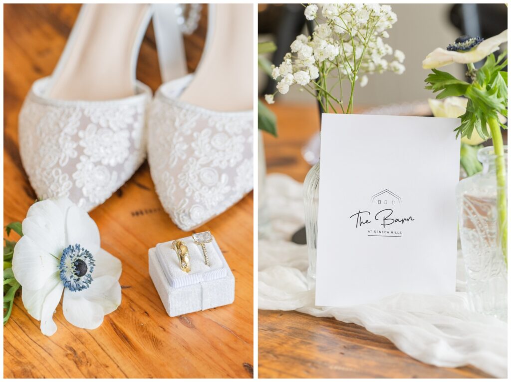 bride and groom's wedding rings sitting in a white box next to a flower 