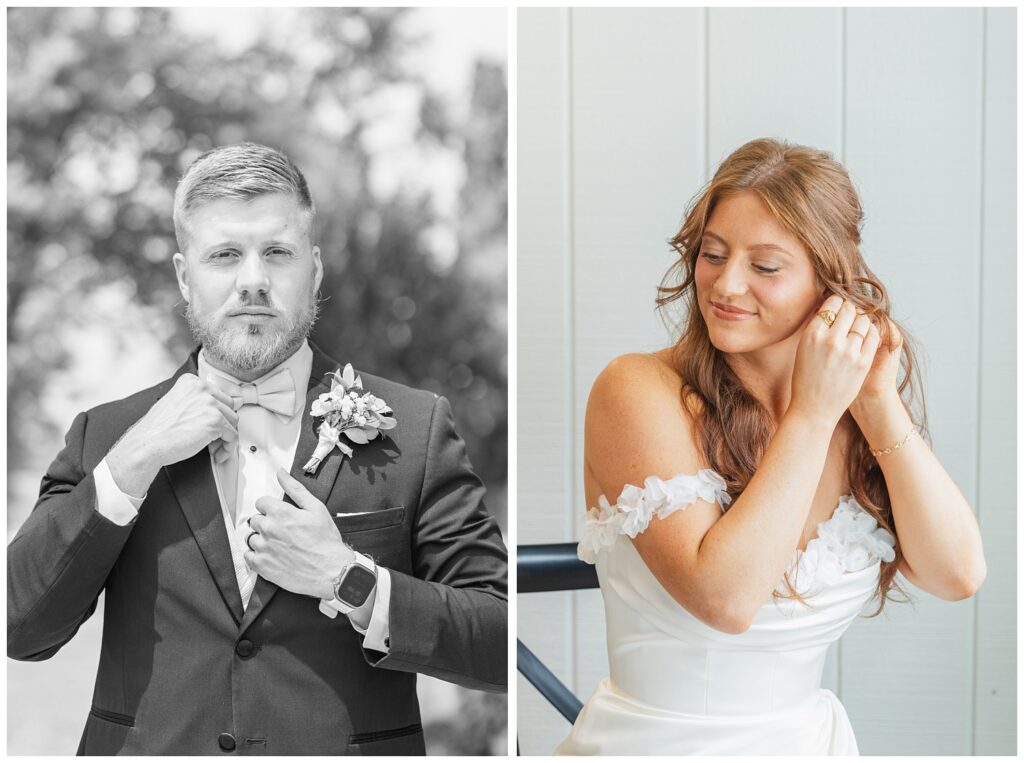 bride adjusting her earring next to a window in the barn venue