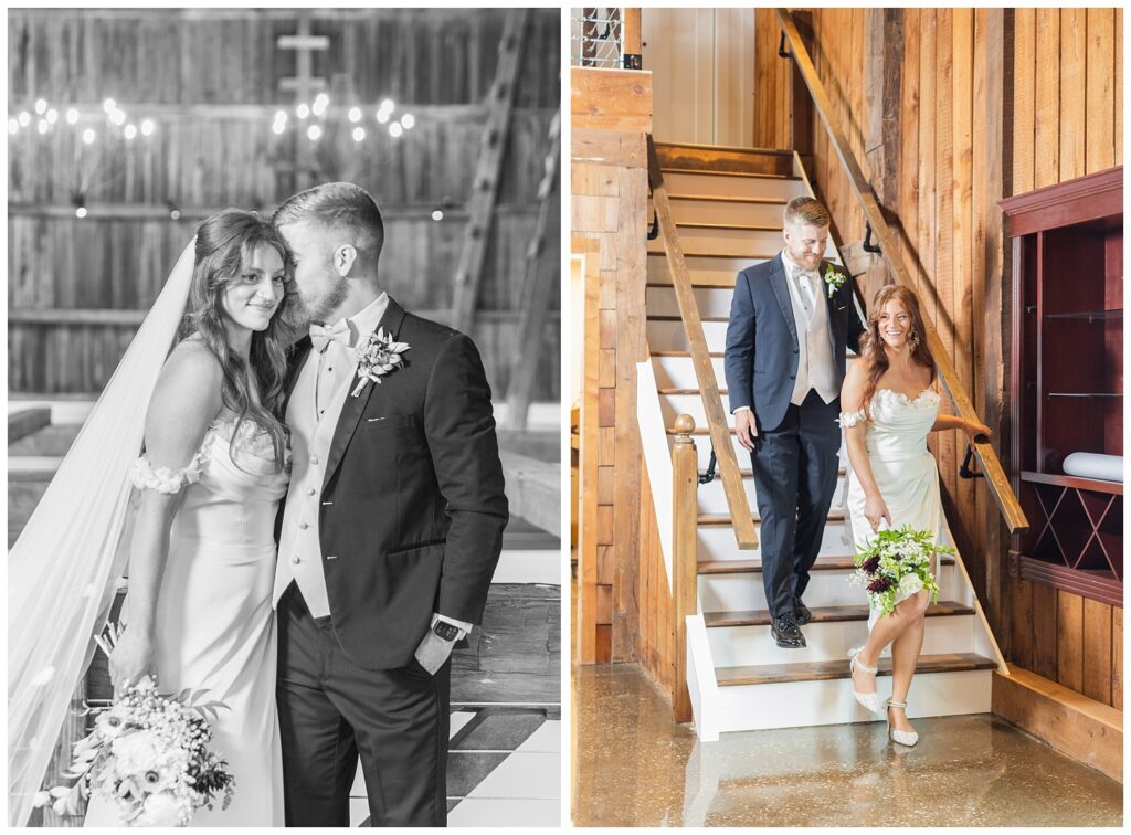 wedding couple walking down the balcony stairs at Tiffin, Ohio venue