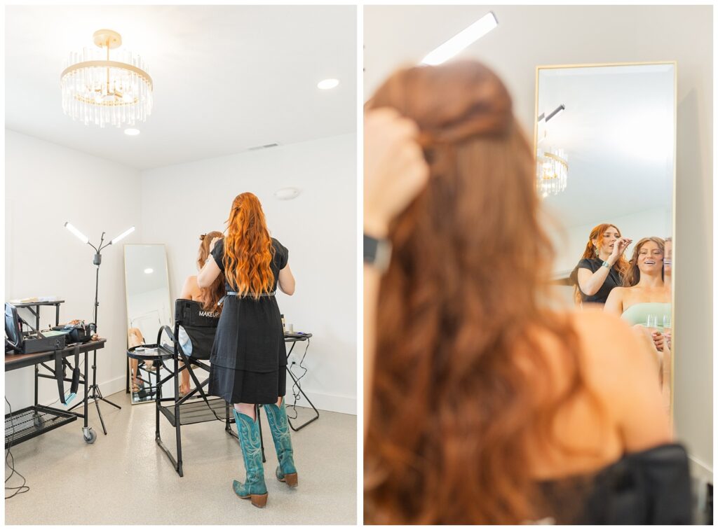 reflection of bride getting her hair done in the bridal suite at wedding venue