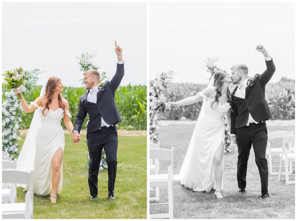 bride and groom walking back down the aisle at The Barn at Seneca Hills