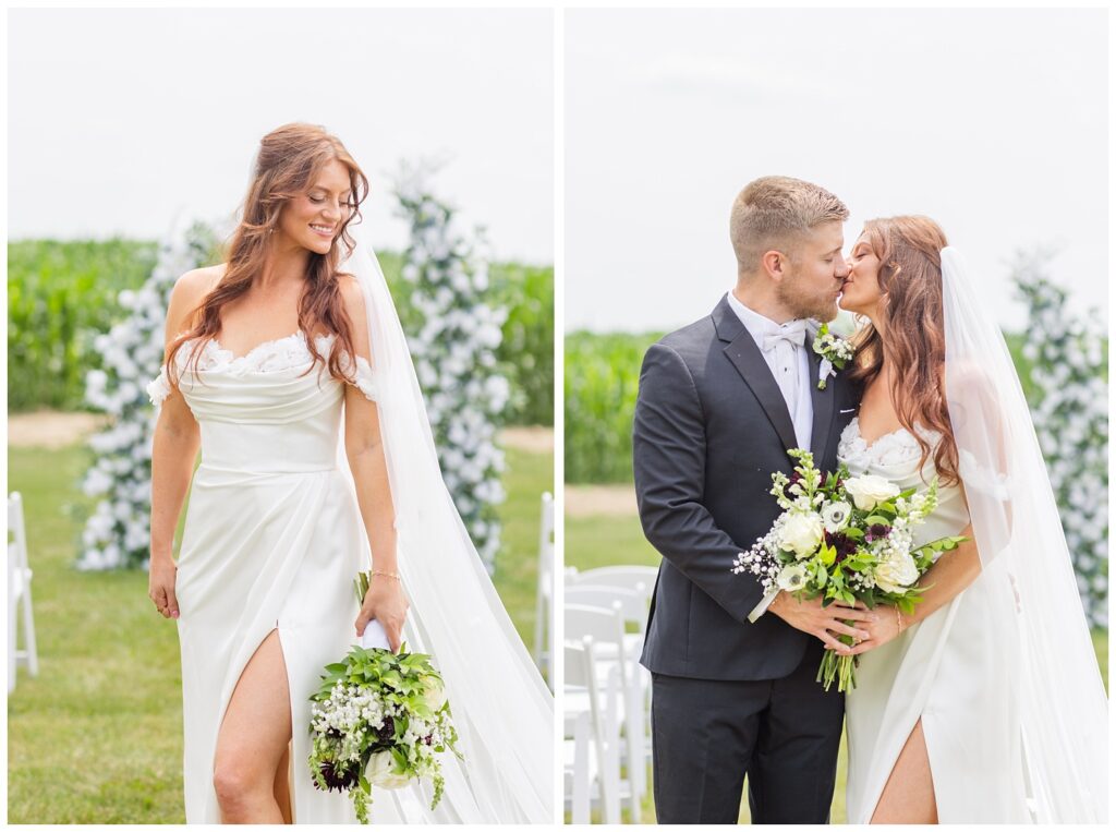 bride and groom sharing a kiss in the middle of the ceremony aisle outside