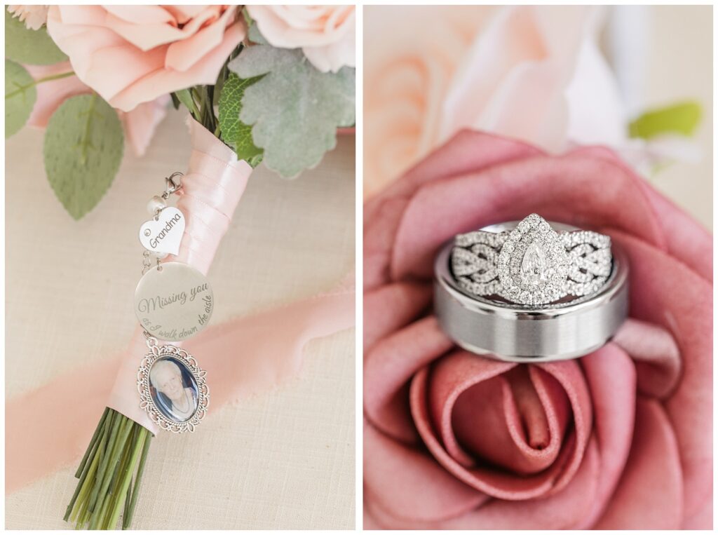 bride and groom's wedding rings sitting on the inside of a dark pink rose