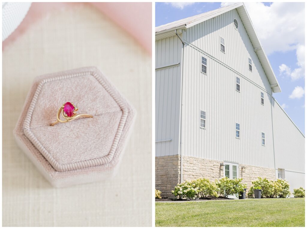 bride's gold ring with a pink stone sitting in a light pink ring box