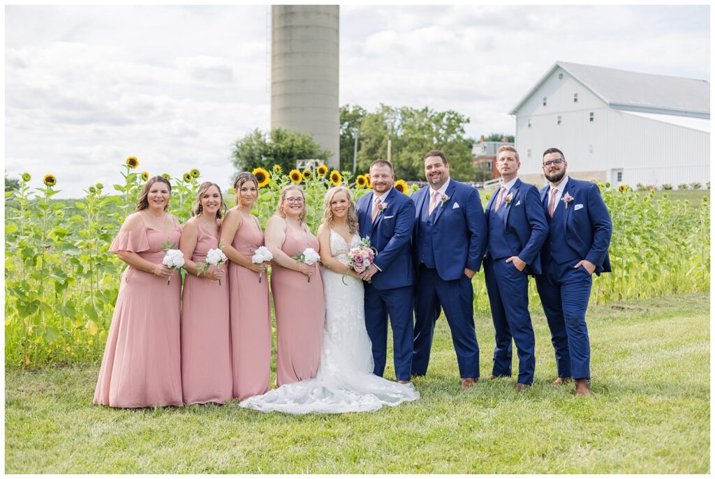 full wedding party in front of the sunflowers at Arlington Acres