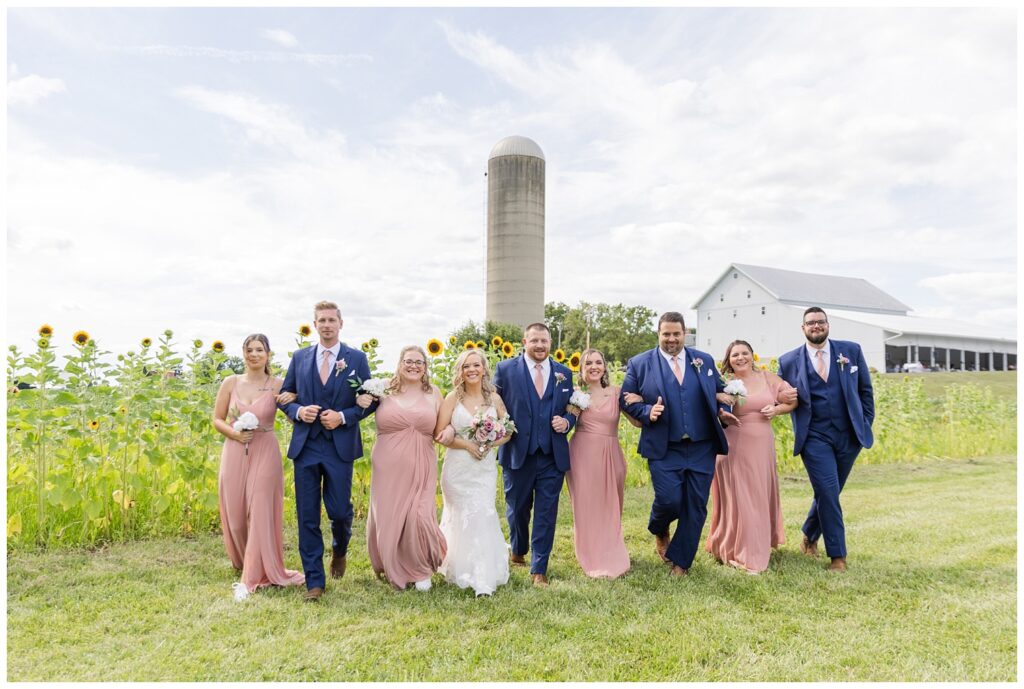 full wedding party walking in front of the sunflowers at Arlington Acres