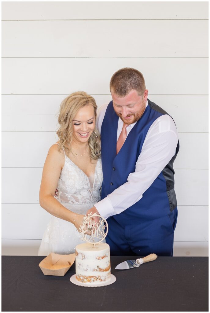 wedding couple cutting their cake at summer reception at Arlington Acres