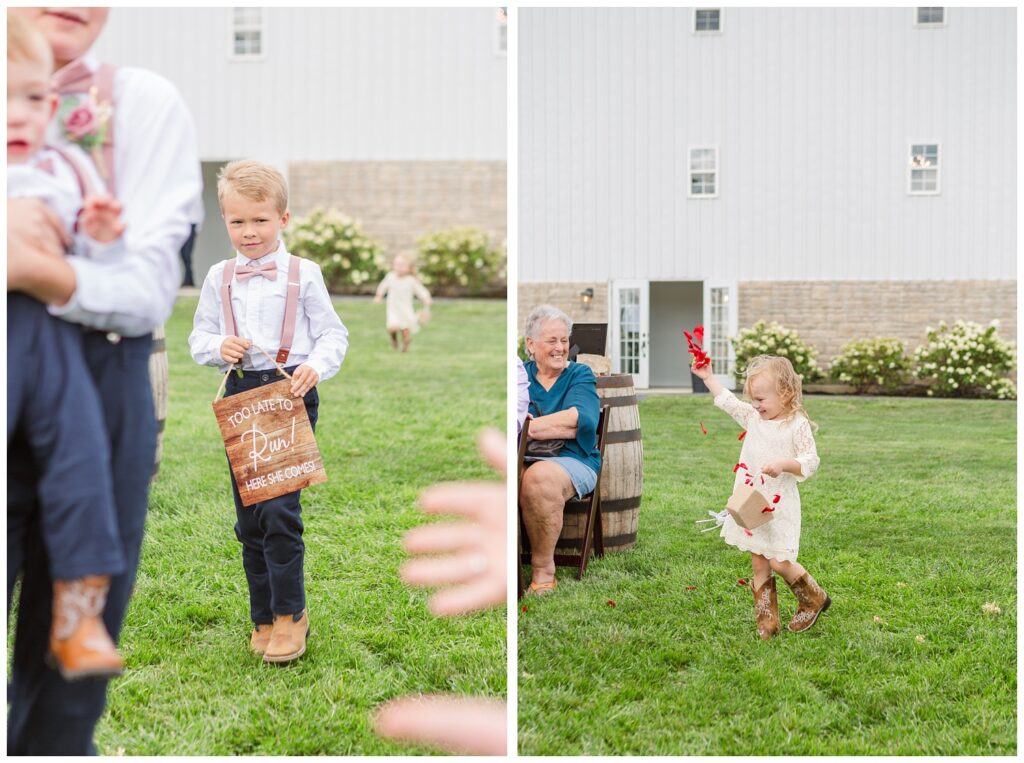 bride's son and daughter walking down the aisle at Arlington Acres venue