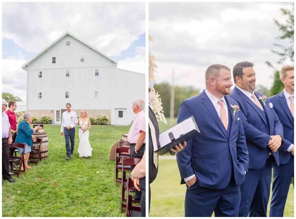 bride's dad walking her down the aisle while the groom looks at her