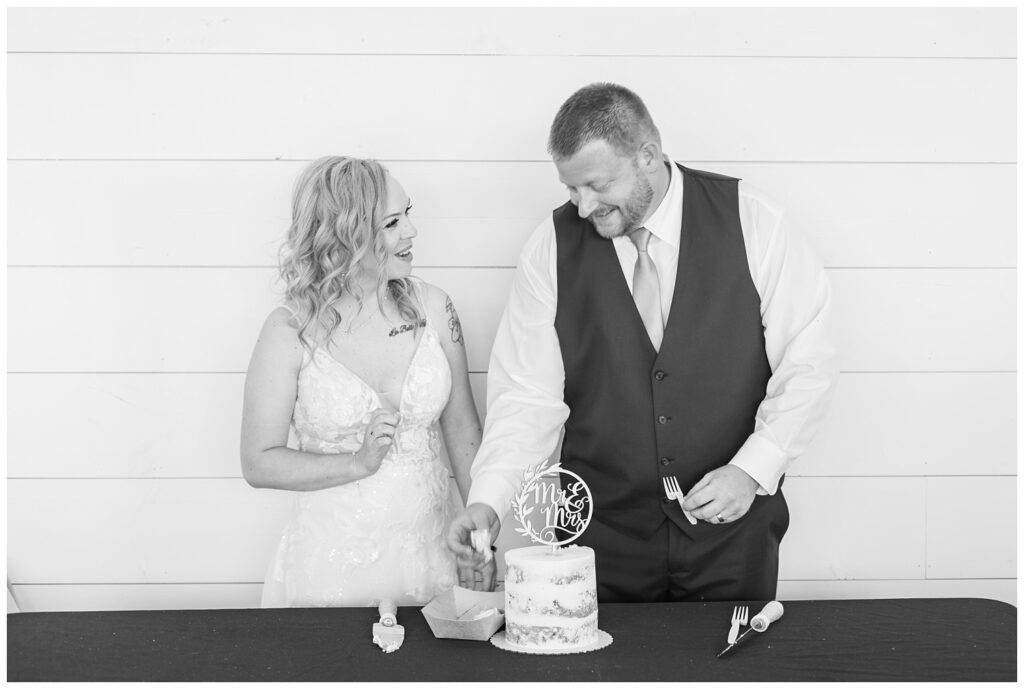 wedding couple cutting their cake at summer reception at Arlington Acres