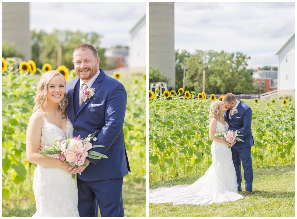 wedding couple smiling in front of sunflowers at Tiffin, Ohio venue