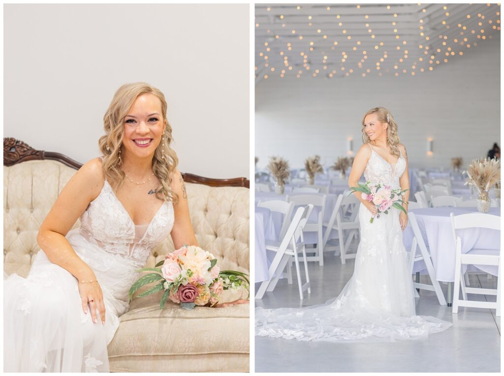 bride posing inside the Arlington Acres wedding venue next to reception tables