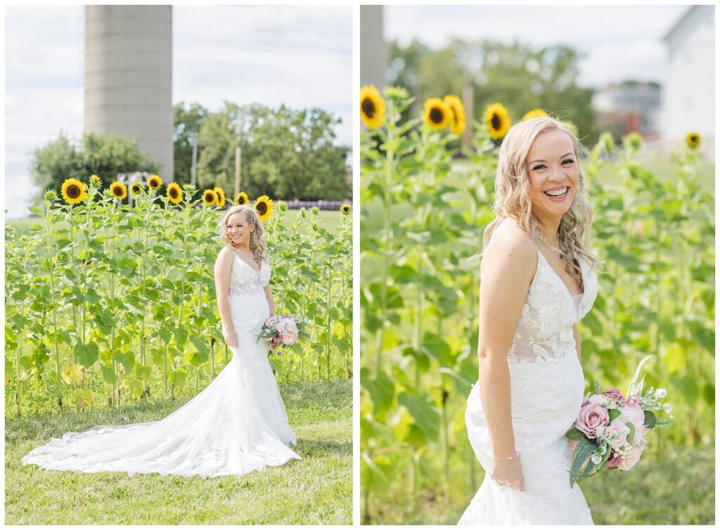 bride posing with her bouquet outside in front of the sunflowers 